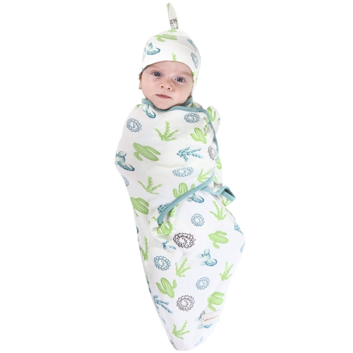 嬰兒襁褓毯和帽子套裝，可調節嬰兒嬰兒裹身套裝，收納毯，嬰兒無簷小便帽頂結 0-3 個月，3-6 個月
