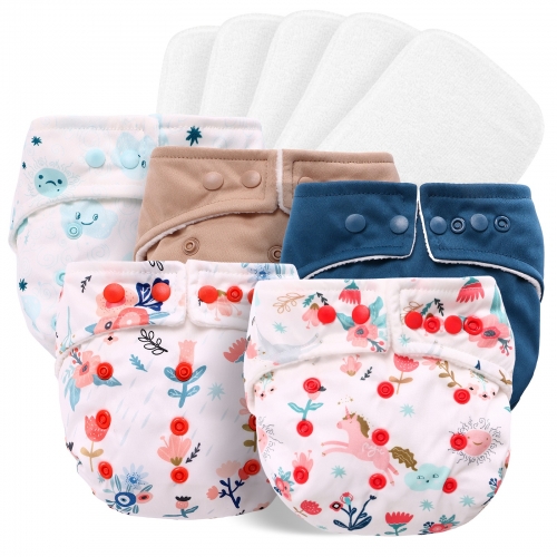 嬰兒可重複使用尿褲尿布套裝，可調節可水洗尿布柔軟舒適 5條尿褲+5片尿布